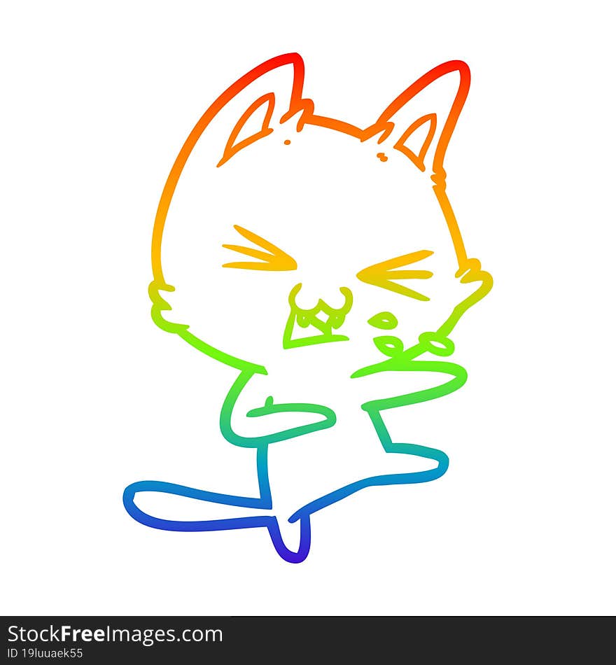 Rainbow Gradient Line Drawing Cartoon Cat Hissing