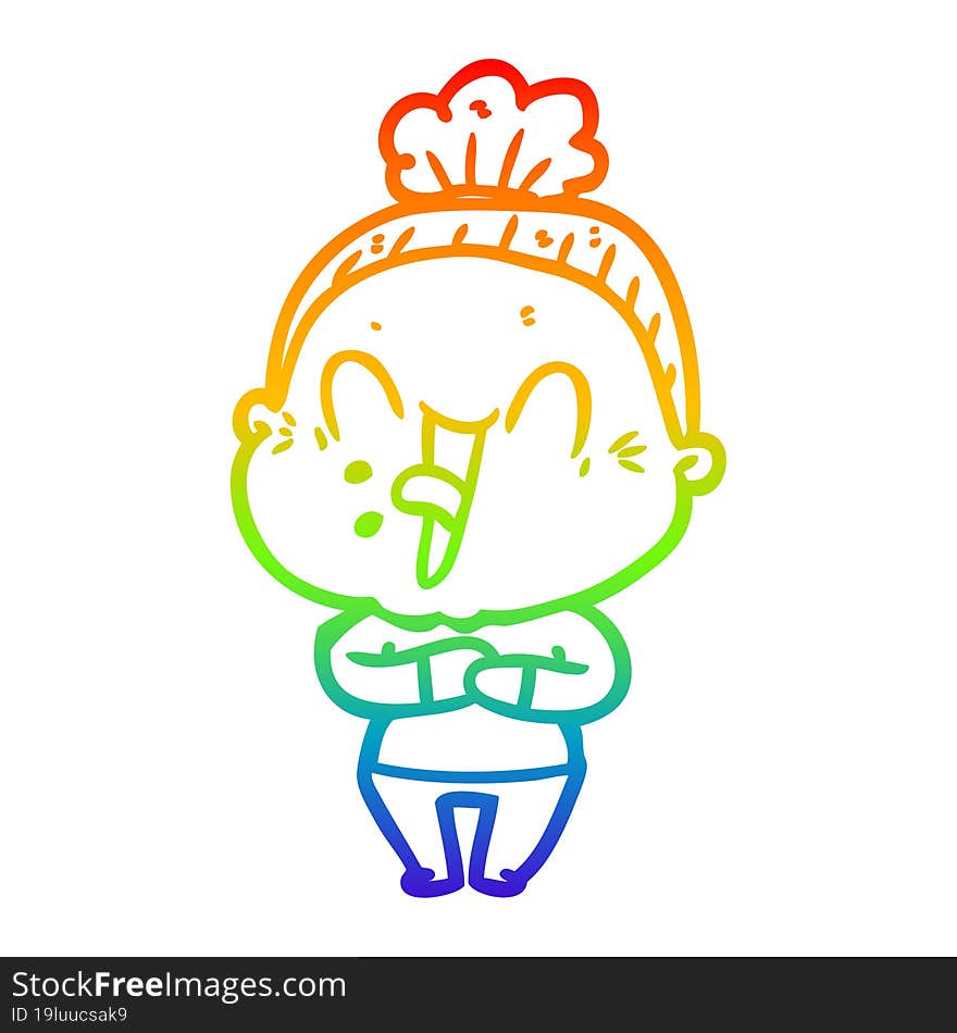 rainbow gradient line drawing of a cartoon happy old woman