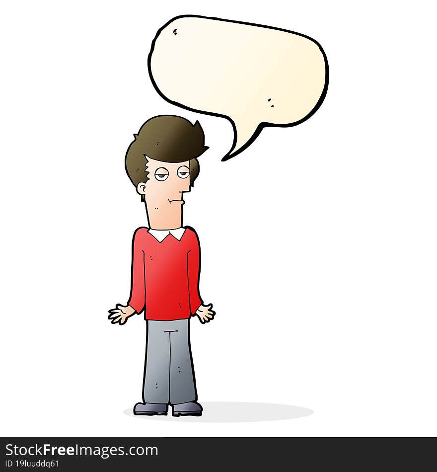 cartoon bored man shrugging shoulders with speech bubble