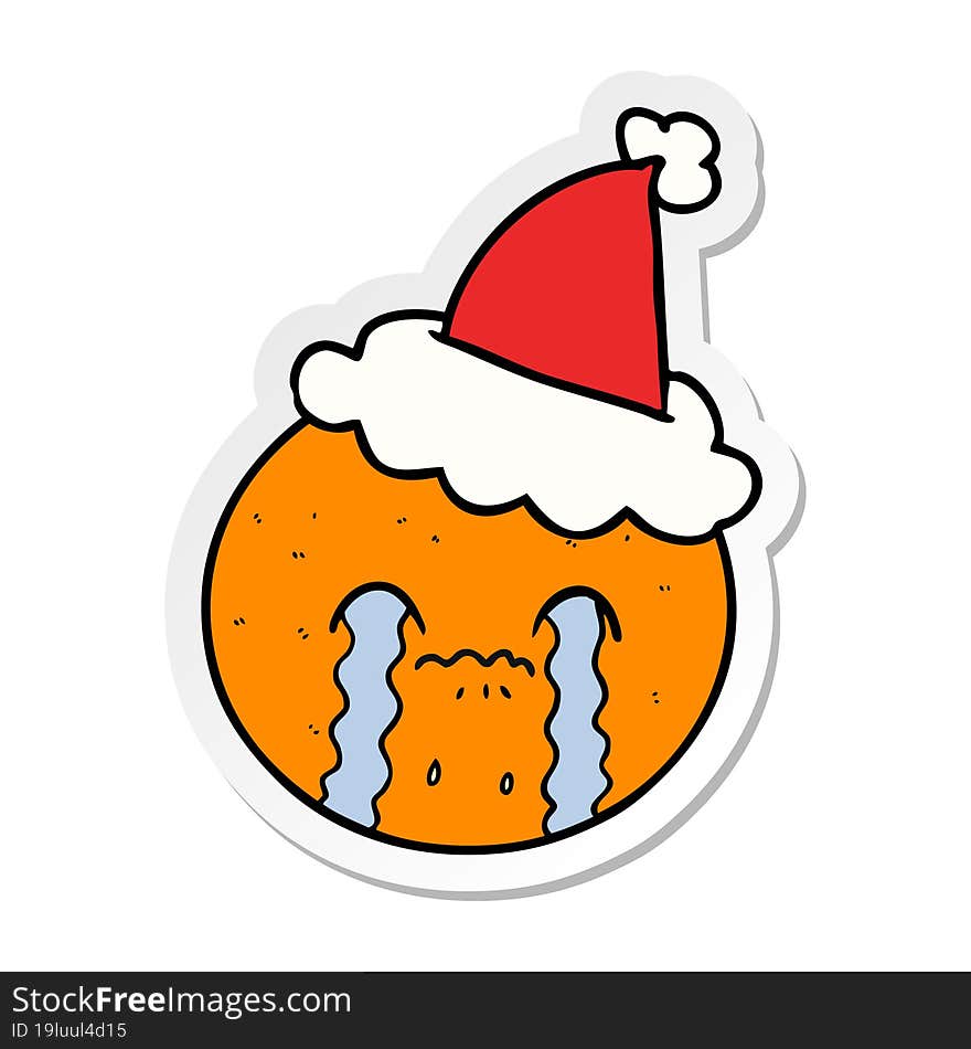 hand drawn sticker cartoon of a orange wearing santa hat