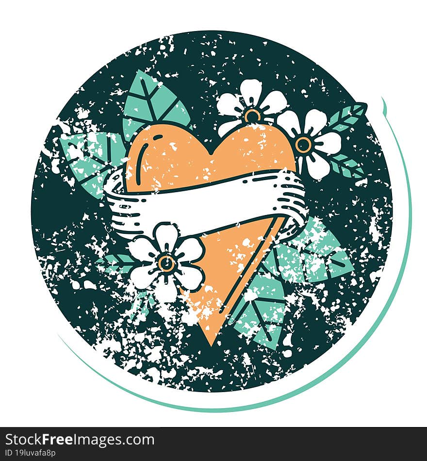 distressed sticker tattoo style icon of a heart and banner