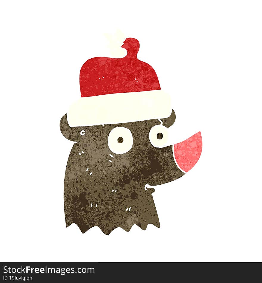 retro cartoon bear wearing christmas hat