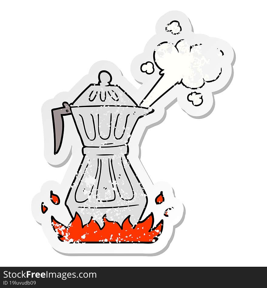 distressed sticker of a cartoon steaming espresso pot