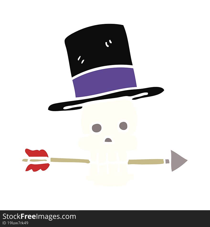 cartoon doodle skull with top hat and arrow