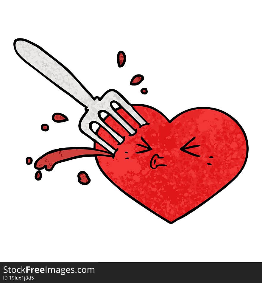 cartoon love heart stuck with fork. cartoon love heart stuck with fork