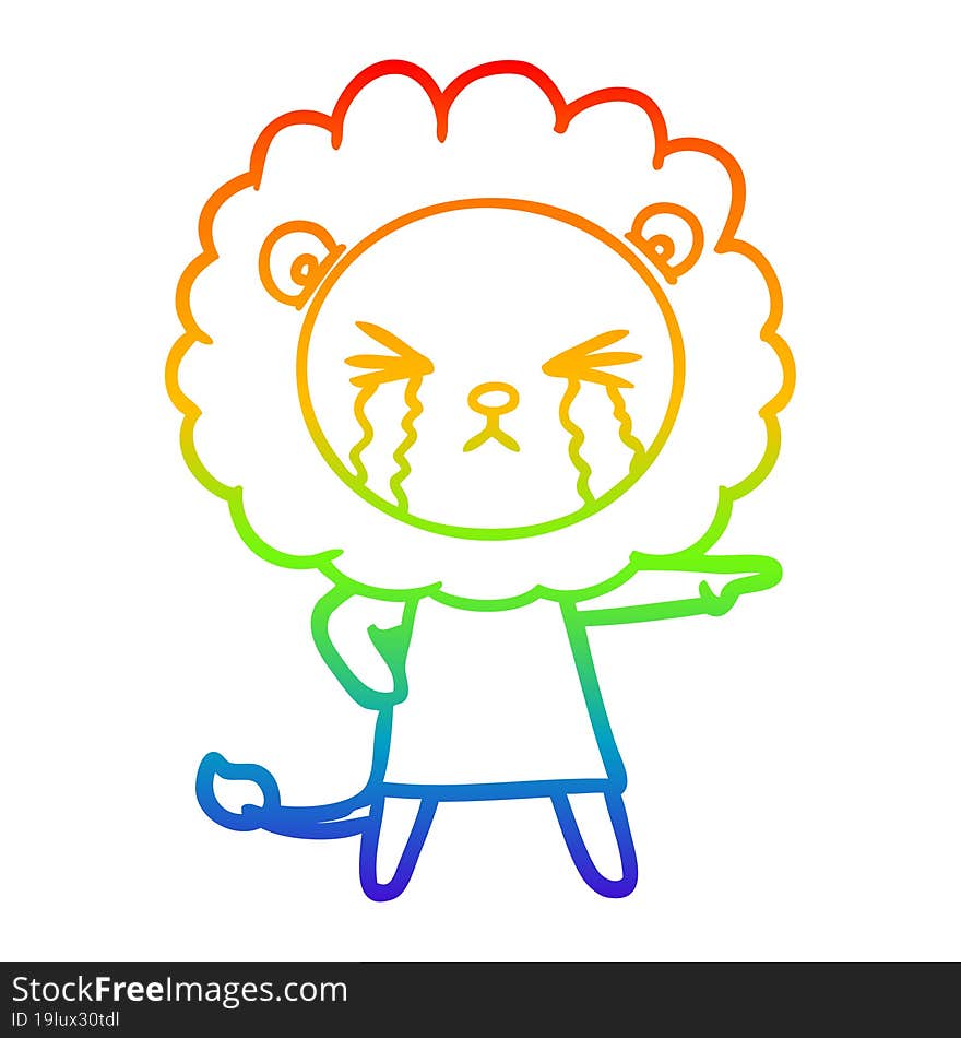 rainbow gradient line drawing of a cartoon crying lion wearing dress