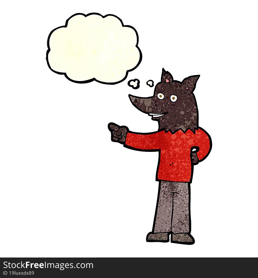 cartoon wolf man pointing with thought bubble