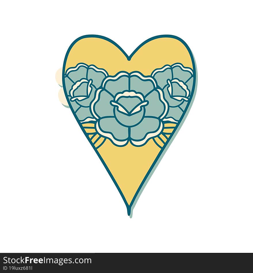 sticker of tattoo in traditional style of a heart and flowers. sticker of tattoo in traditional style of a heart and flowers