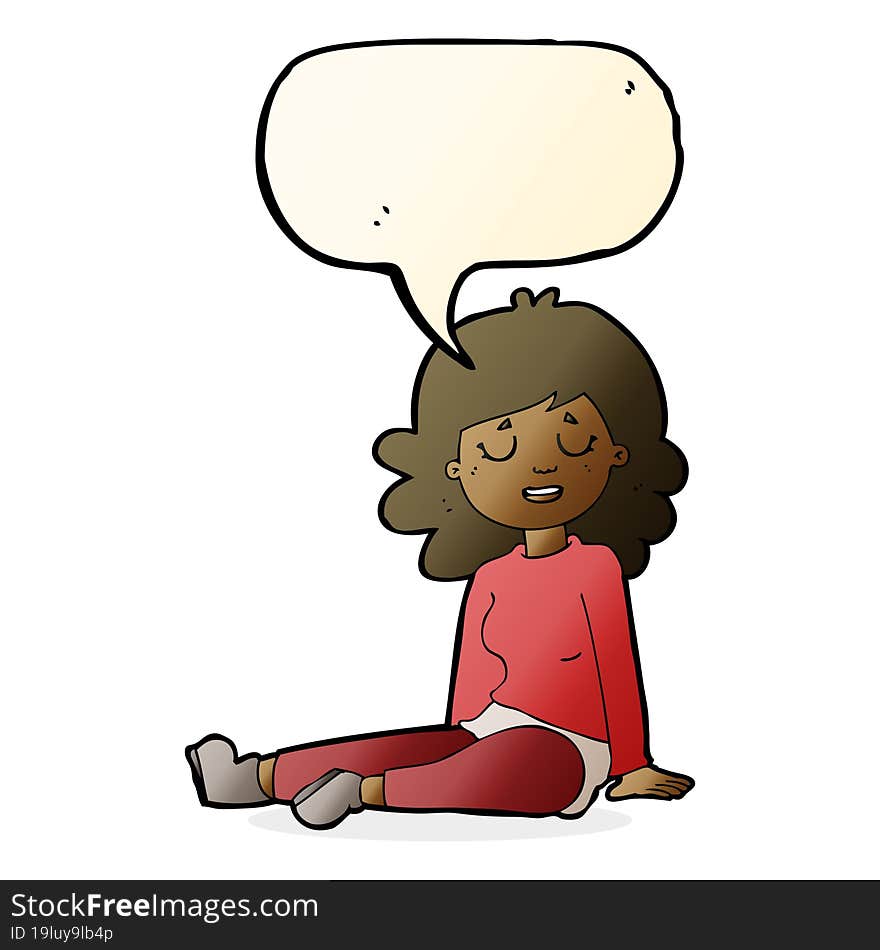 cartoon happy woman sitting on floor with speech bubble