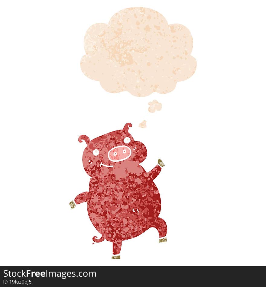 cartoon dancing pig and thought bubble in retro textured style