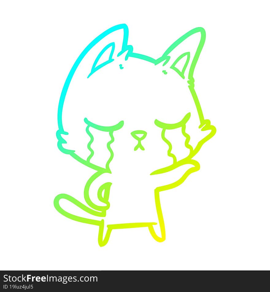 cold gradient line drawing of a crying cartoon cat