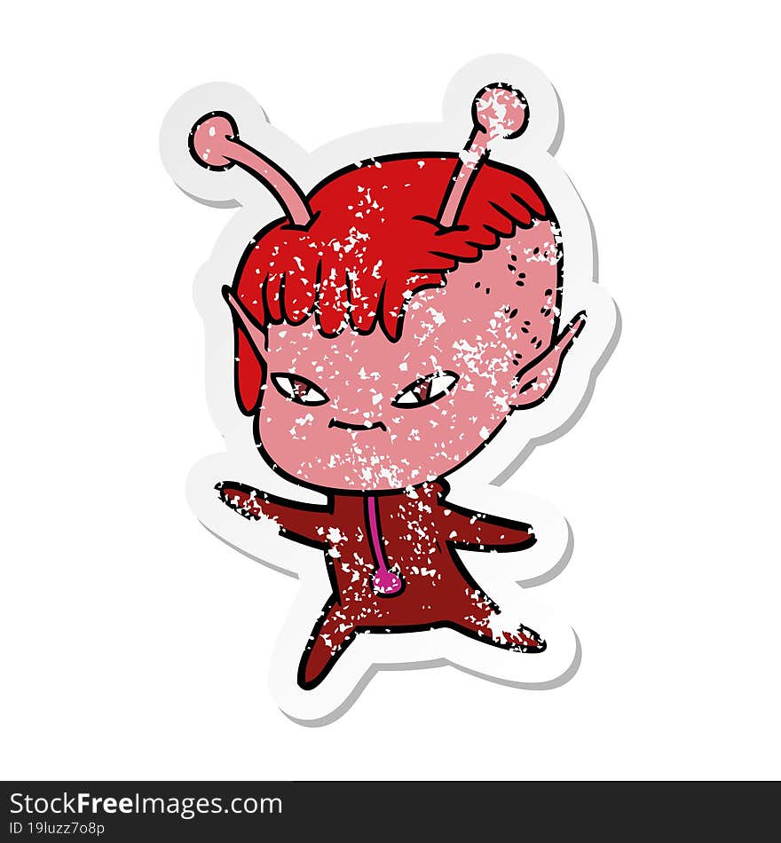 distressed sticker of a cute cartoon alien girl