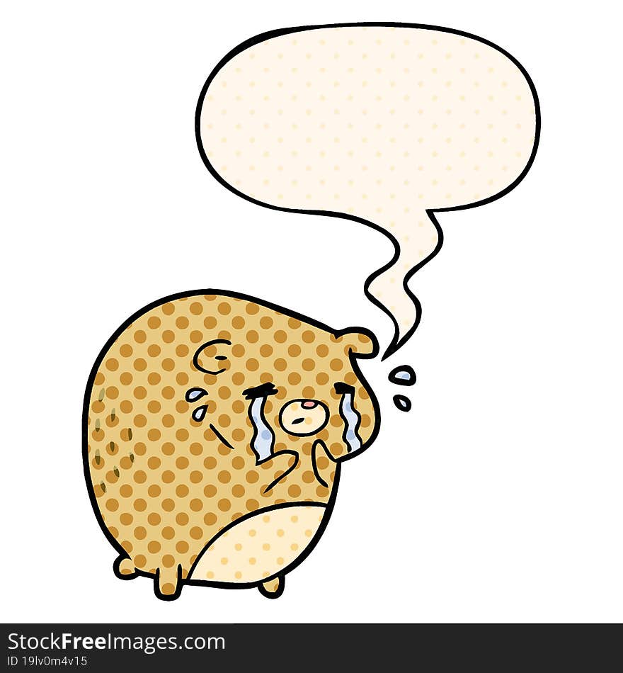 cartoon crying bear and speech bubble in comic book style