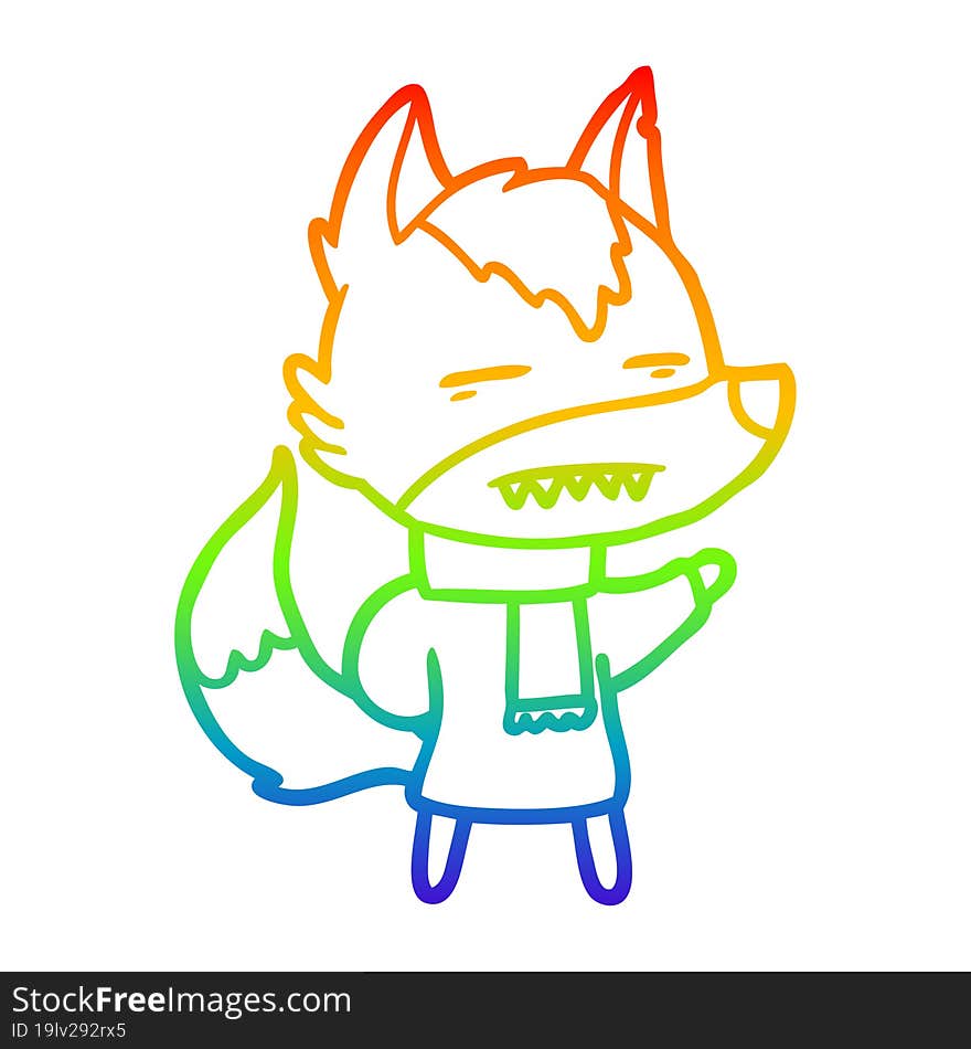 rainbow gradient line drawing of a cartoon wolf in winter clothes