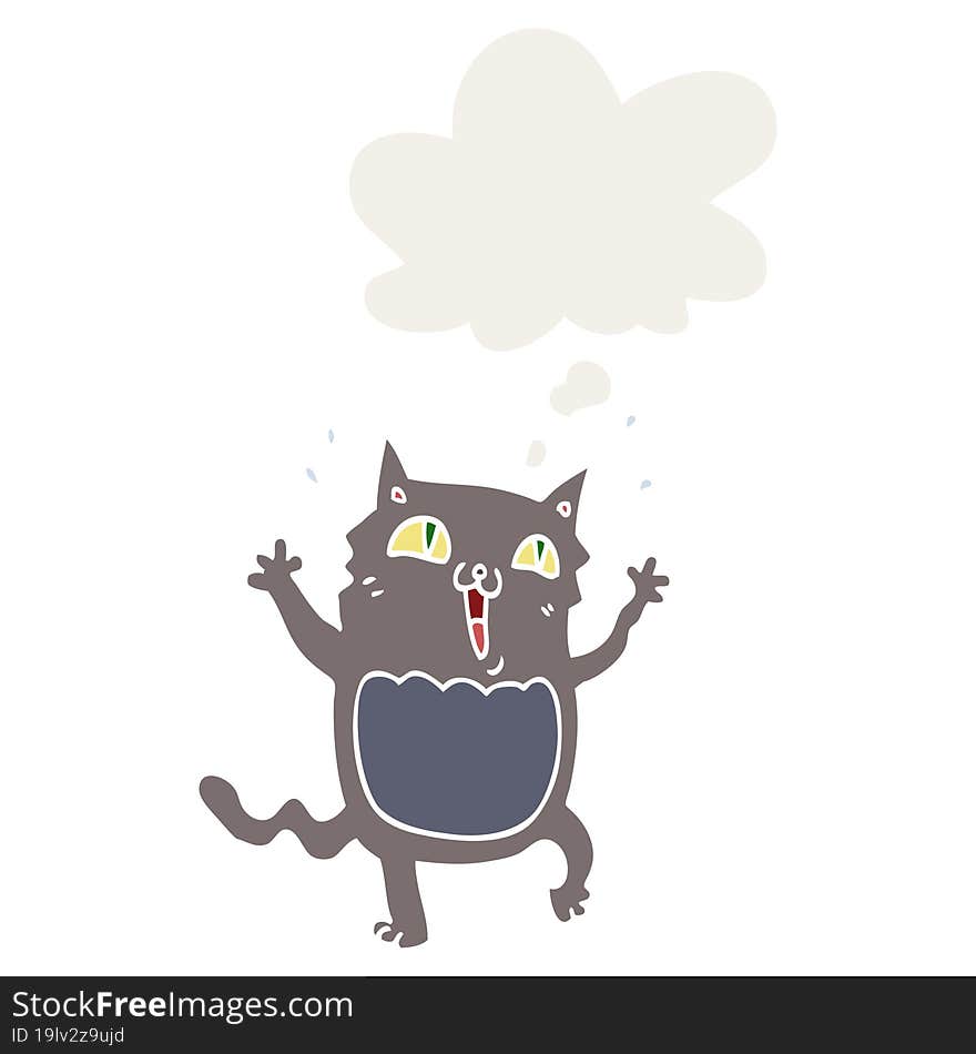 cartoon crazy excited cat with thought bubble in retro style