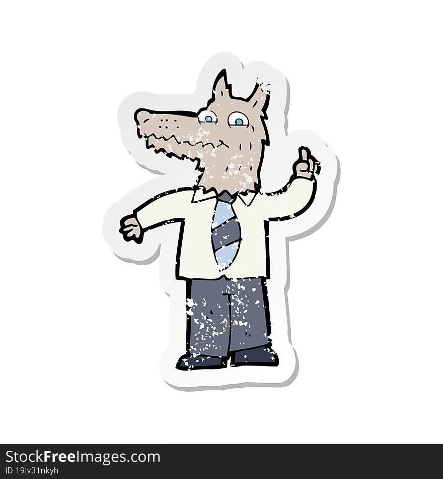 retro distressed sticker of a cartoon business wolf with idea