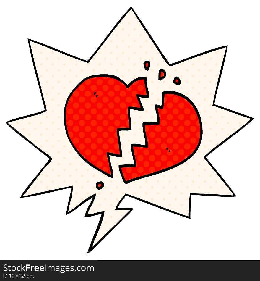 cartoon broken heart and speech bubble in comic book style