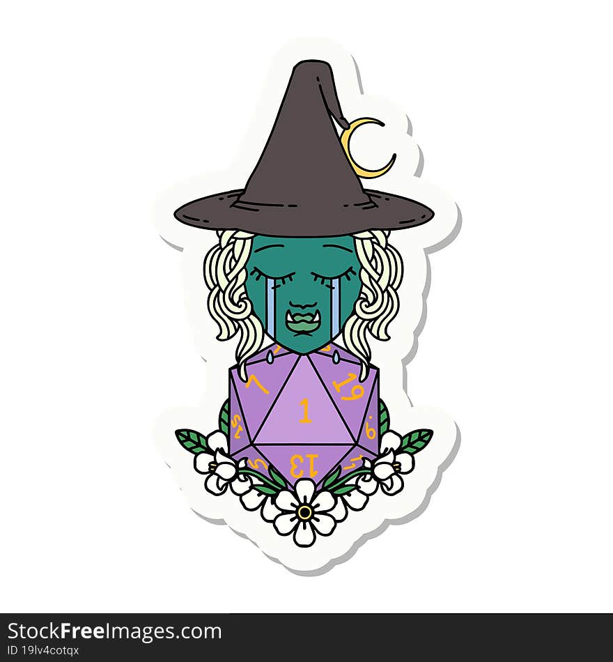 crying half orc witch with natural one D20 dice roll sticker