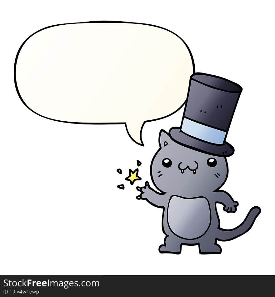 cartoon cat wearing top hat with speech bubble in smooth gradient style