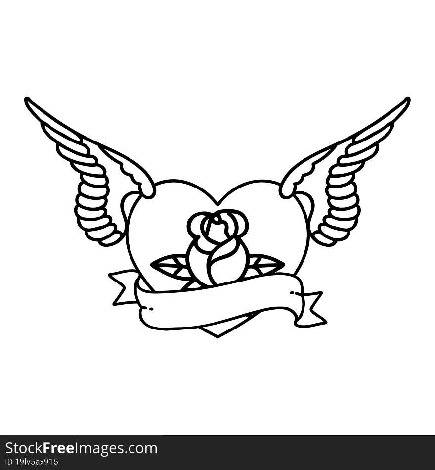 tattoo in black line style of a flying heart with flowers and banner. tattoo in black line style of a flying heart with flowers and banner