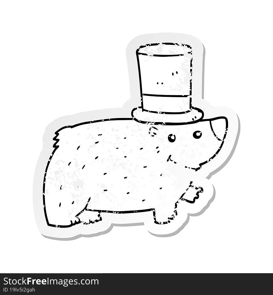 distressed sticker of a cartoon bear wearing top hat