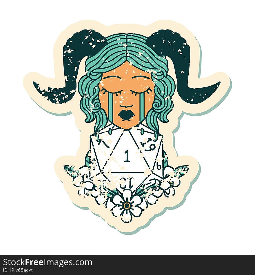 grunge sticker of a crying tiefling with natural one D20 dice roll. grunge sticker of a crying tiefling with natural one D20 dice roll