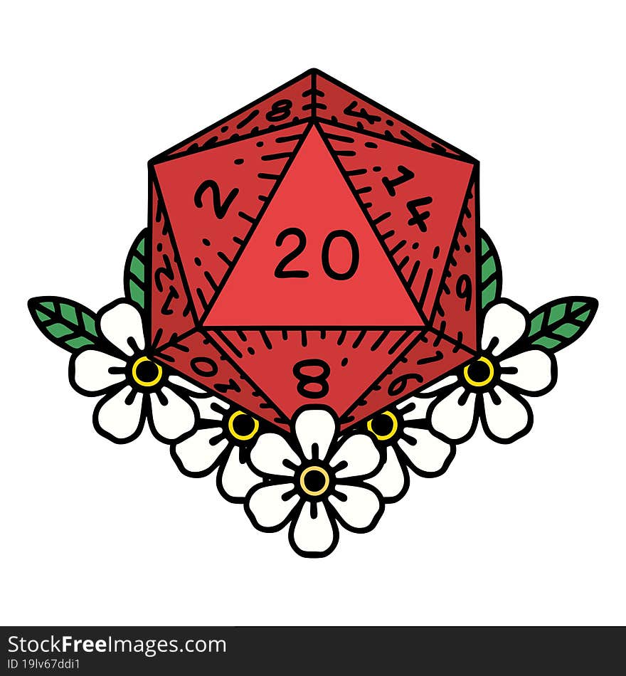 Natural 20 D20 Dice Roll With Floral Elements Illustration