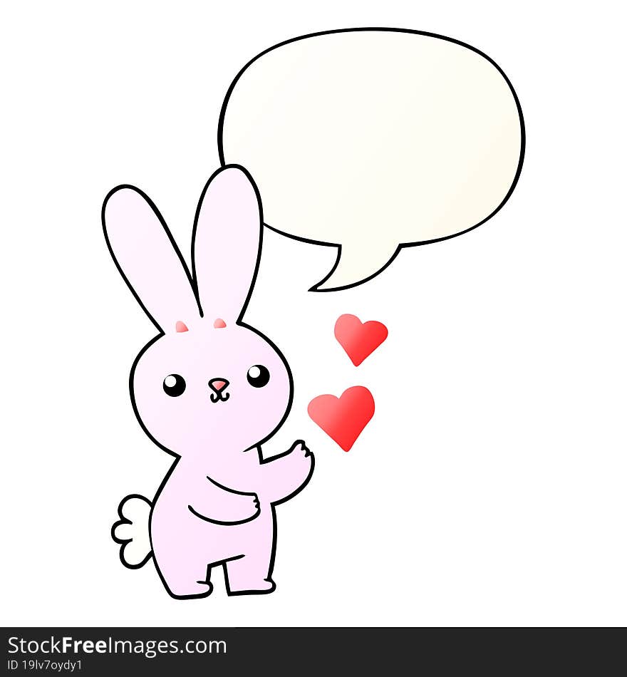 cute cartoon rabbit and love hearts and speech bubble in smooth gradient style