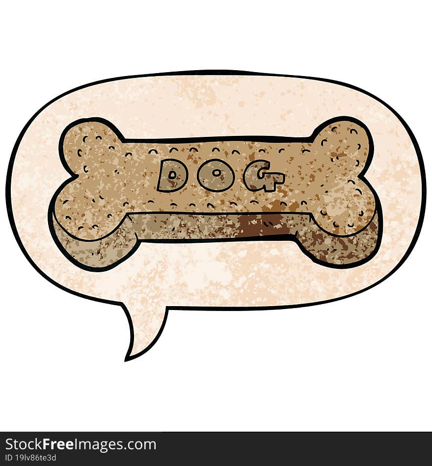 cartoon dog biscuit with speech bubble in retro texture style