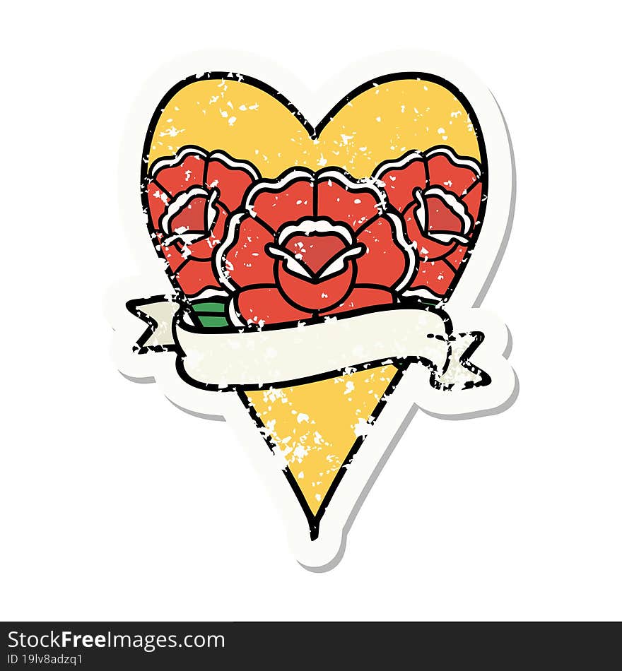 distressed sticker tattoo in traditional style of a heart and banner with flowers. distressed sticker tattoo in traditional style of a heart and banner with flowers