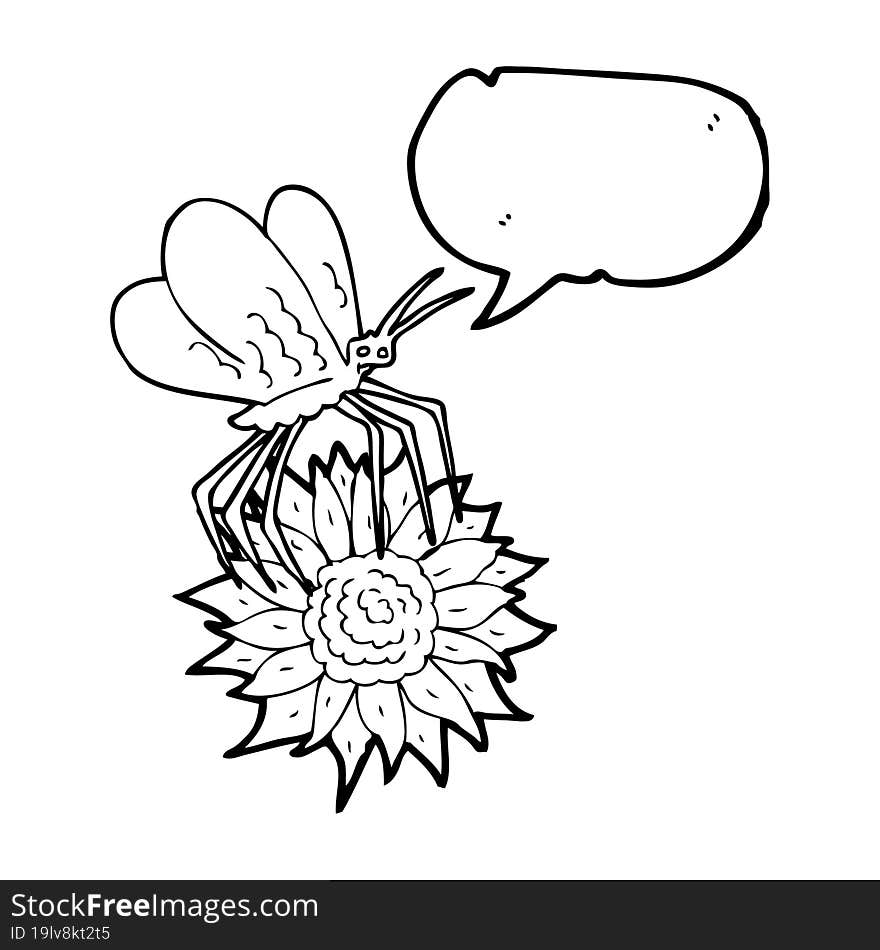 freehand drawn speech bubble cartoon butterfly on flower