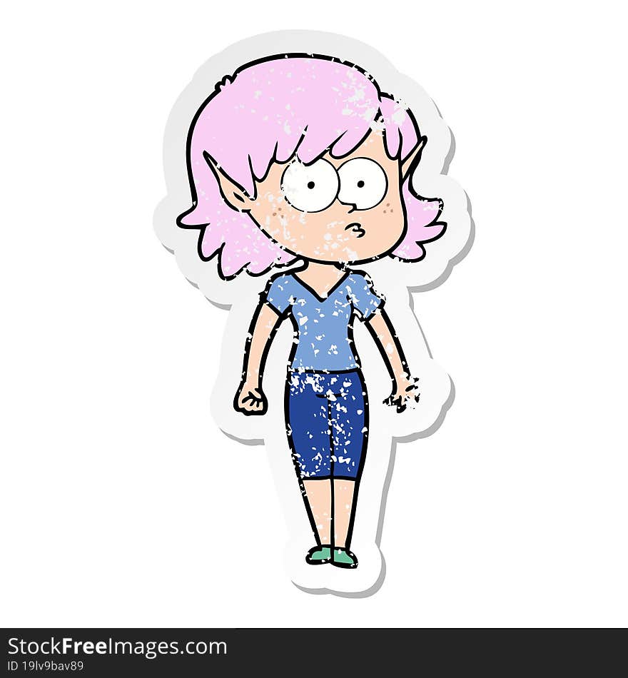 distressed sticker of a cartoon elf girl staring