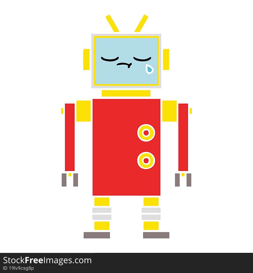 flat color retro cartoon of a crying robot