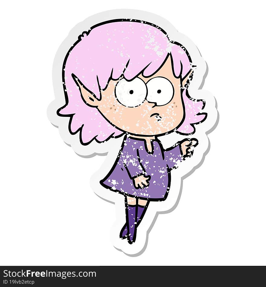 distressed sticker of a cartoon elf girl pointing