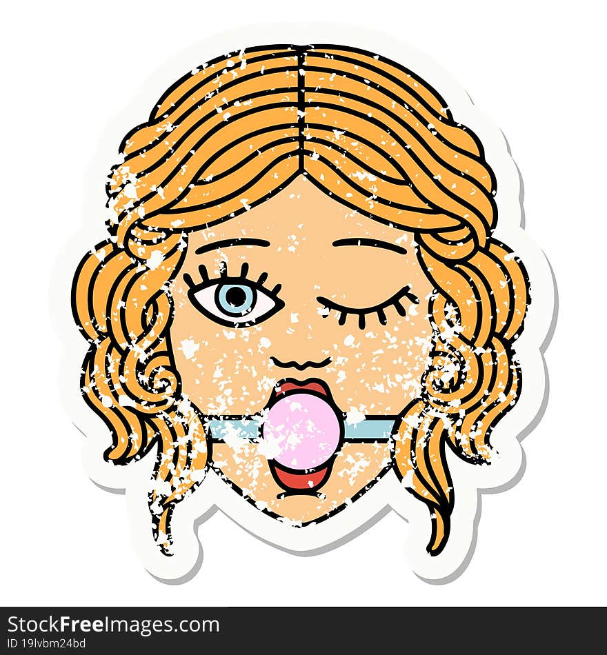 Traditional Distressed Sticker Tattoo Of Winking Female Face With Ball Gag