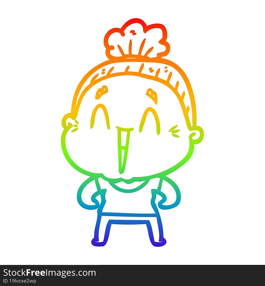 rainbow gradient line drawing of a cartoon happy old lady