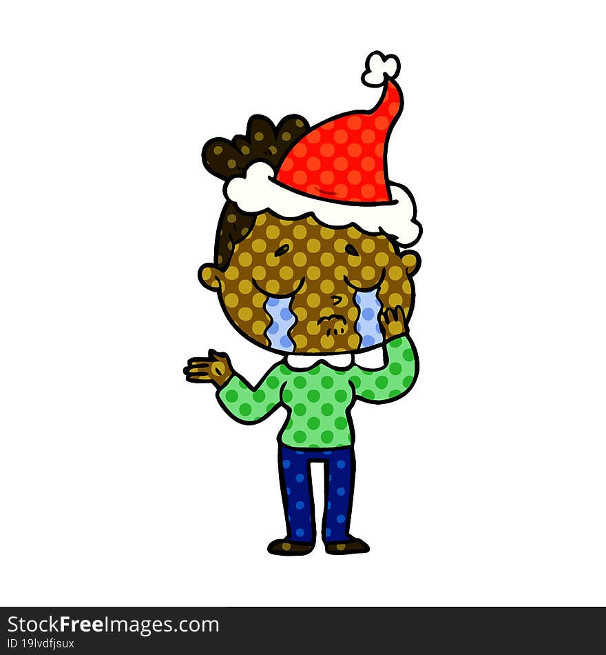 Comic Book Style Illustration Of A Crying Woman Wearing Santa Hat