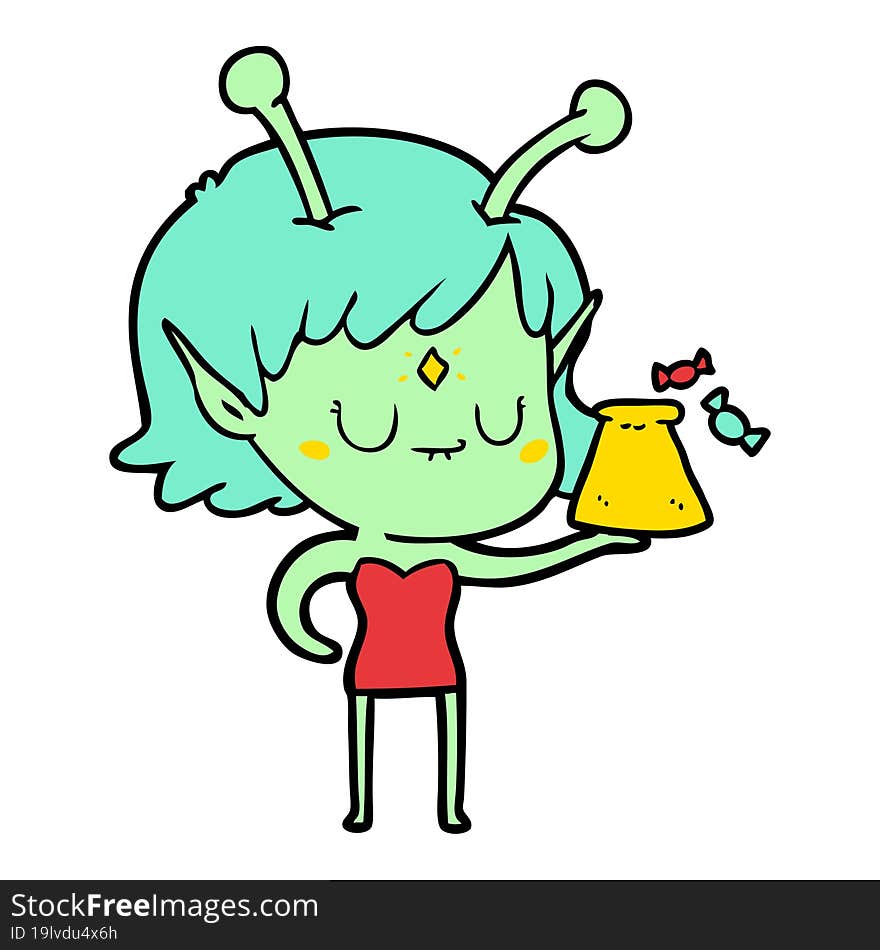 cartoon alien girl with bag of candy. cartoon alien girl with bag of candy