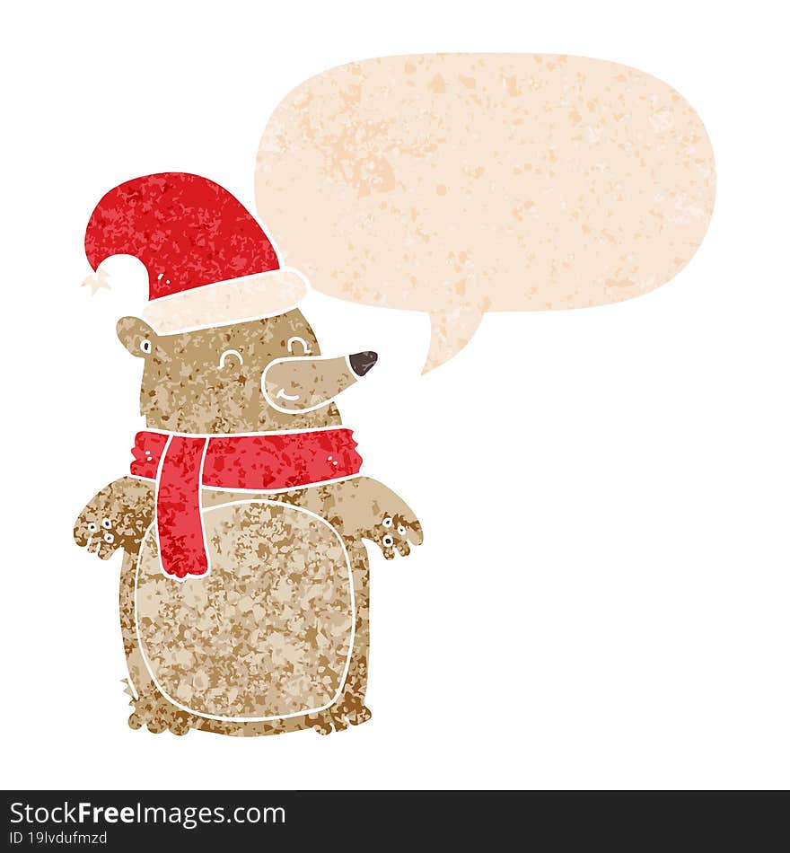 cartoon christmas bear and speech bubble in retro textured style