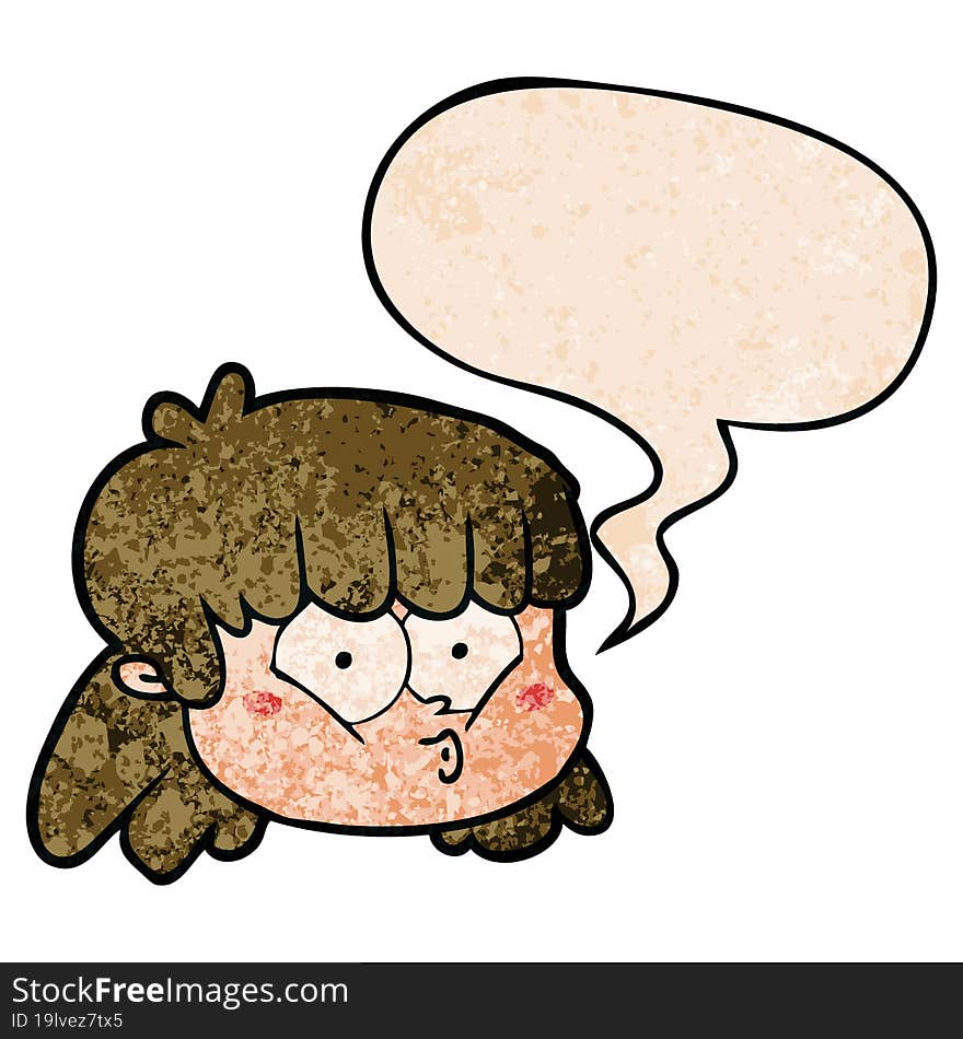 cartoon female face with speech bubble in retro texture style