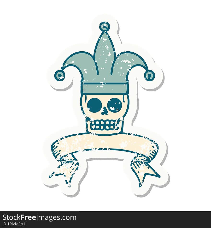 grunge sticker with banner of a skull jester