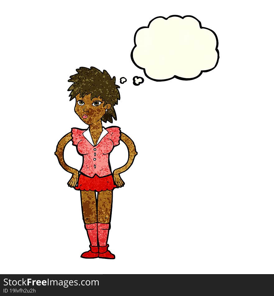 cartoon woman with hands on hips with thought bubble