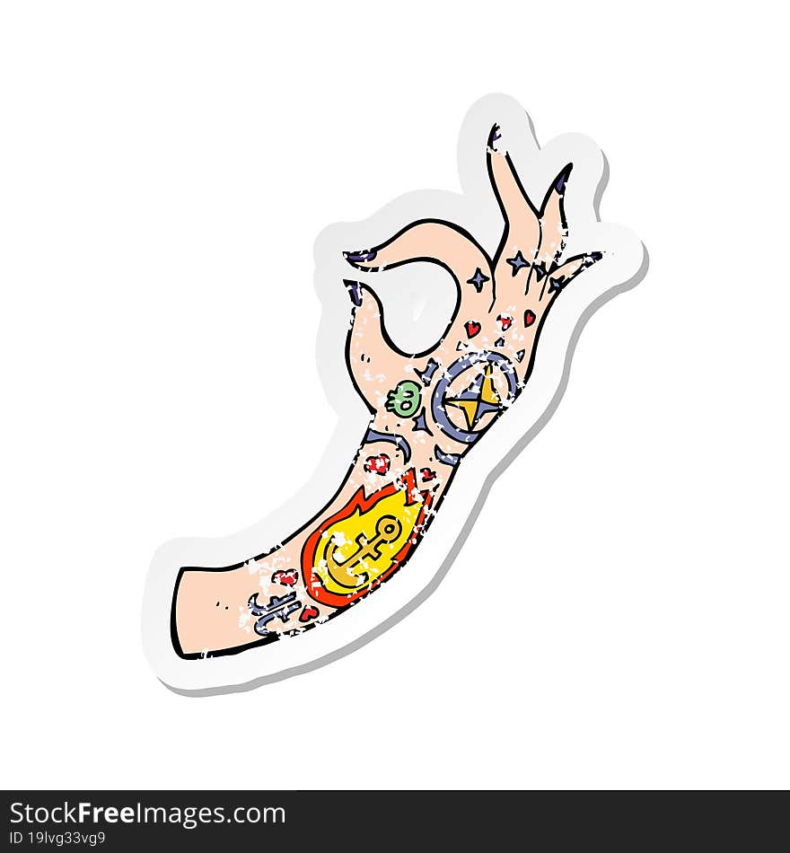 retro distressed sticker of a cartoon tattoo arm