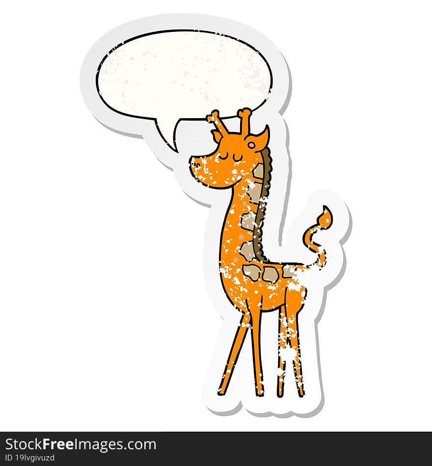 cartoon giraffe with speech bubble distressed distressed old sticker. cartoon giraffe with speech bubble distressed distressed old sticker