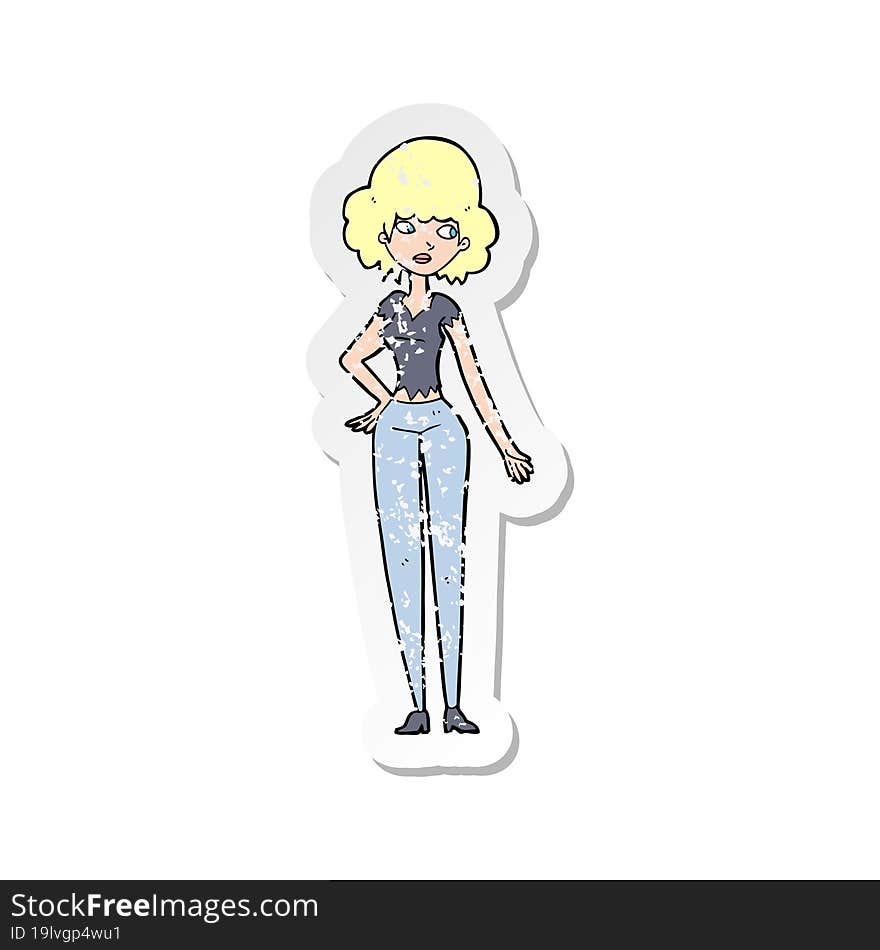 retro distressed sticker of a cartoon pretty woman