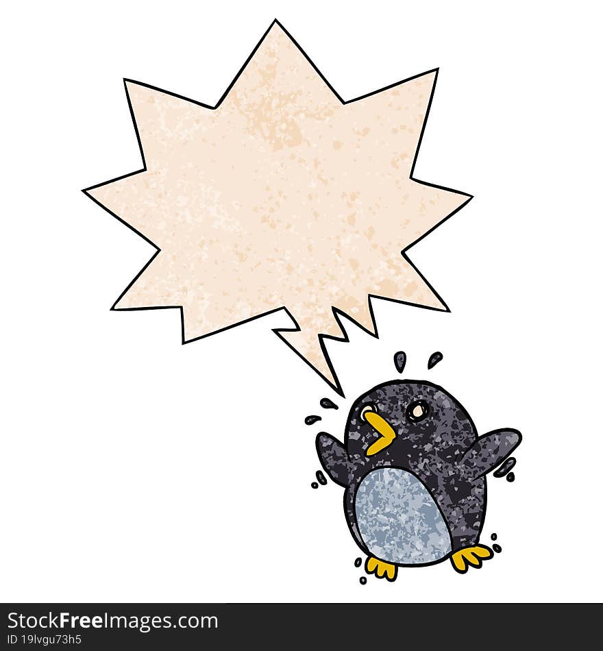 cartoon frightened penguin and speech bubble in retro texture style