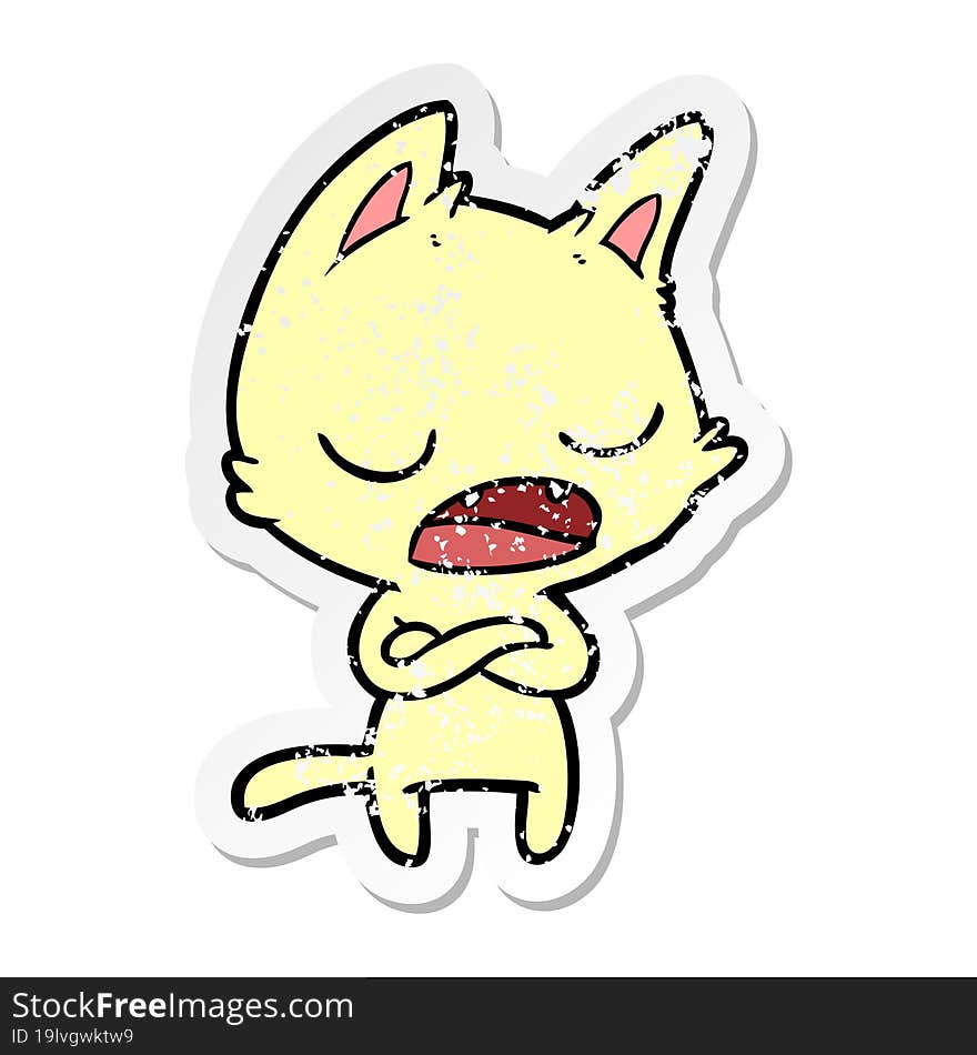 distressed sticker of a talking cat with crossed arms