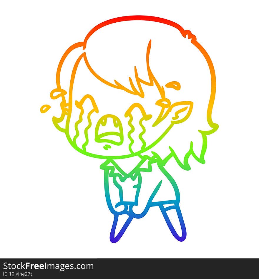 Rainbow Gradient Line Drawing Cartoon Crying Vampire Girl