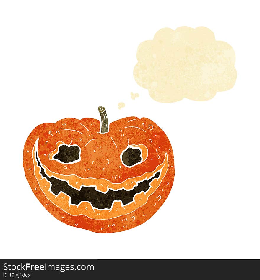 cartoon spooky pumpkin with thought bubble