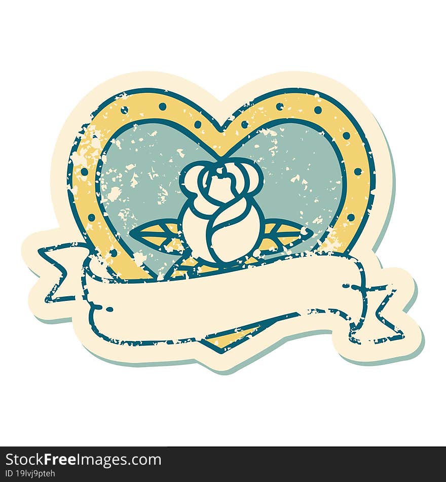 distressed sticker tattoo style icon of a heart rose and banner